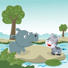 Vector cartoon illustration of cute little rhino and zebra play in jungle, T-Shirt Design for children. Creative vector childish background for wallpaper, poster and other decoration.