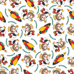 Fototapeta premium Childish seamless pattern with cute bear astronaut on space. Can be used for t-shirt print, Creative vector childish background for fabric textile, nursery wallpaper and other decoration.