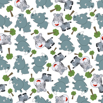 cute little rhino and zebra play around swamp. Design concept for kids textile print, nursery wallpaper, wrapping paper. Cute funny background.