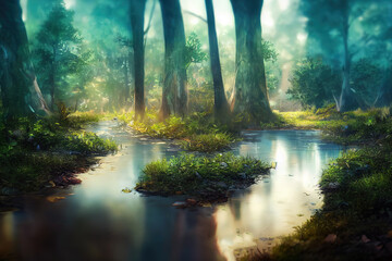 A silent forest on the bank of a river with transparent water. Selective focus. High quality photo, anime style, style, toon,