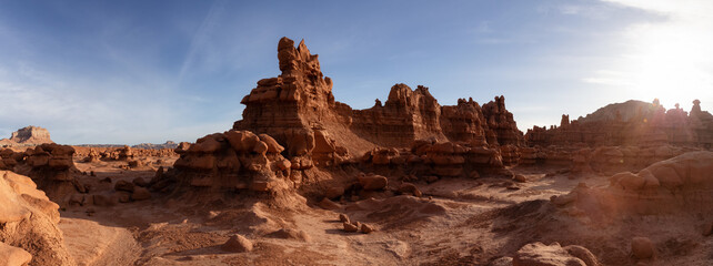 Red Rock Formations in Desert at Sunny Sunrise. Spring Season