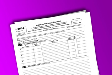 Obraz premium Form 8275-R documentation published IRS USA 08.29.2013. American tax document on colored