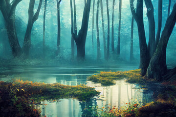 Obraz premium A silent forest on the bank of a river with transparent water. Selective focus. High quality photo, anime style, style, toon,