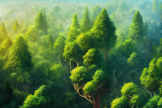 Aerial top view forest tree, Rainforest ecosystem and healthy environment concept and background, Texture of green tree forest view from above, copy space for web banner., anime style, pix
