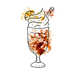 Coffee latte cup with whipped cream,citrus slice,cinnamon stick. Doodle sketch hand drawn vector illustration in engraved style on watercolor stain background. For menu,bar,coffee shop,cafe,restaurant