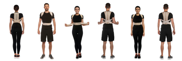 Collage with photos of people with orthopedic corsets on white background. Banner design
