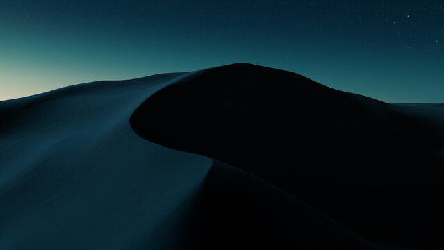 Undulating Sand Dunes form an Empty Desert Landscape. Night Wallpaper with Green Gradient Starry Sky.