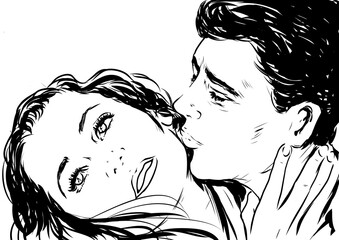 couple homme qui embrasse une femme visage en gros plan dessin croquis encre noir et blanc - 531554332