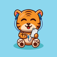 Cute Tiger Listening Music With Earphone Illustration