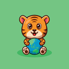Cute Tiger Hugging Earth Illustration