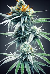 Branch of a flowering cannabis sativa plant, bright and colorful, lots of trichomes, buds ready for...