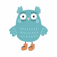Cute owl with big eyes in boots. Autumn illustration. Sticker to nursery.