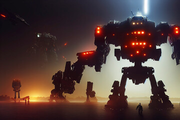 Large mecha robot, illustration of a giant mechanical warrior