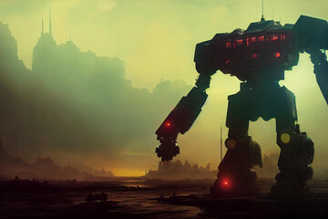 Large mecha robot, illustration of a giant mechanical warrior - obrazy, fototapety, plakaty