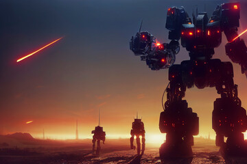 Fototapeta na wymiar Large mecha robot, illustration of a giant mechanical warrior