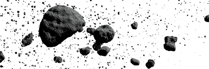 a group of asteroids, isolated, banner format - obrazy, fototapety, plakaty