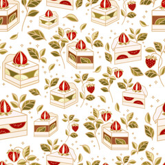 Hand drawn sweet strawberry cake and pastry vector seamless pattern illustration with leaf branch and floral elements