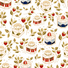 Hand drawn sweet strawberry cake and pastry vector seamless pattern illustration with leaf branch and peony floral elements