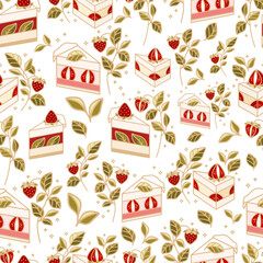 Hand drawn sweet strawberry cake and pastry vector seamless pattern illustration with leaf branch and floral elements