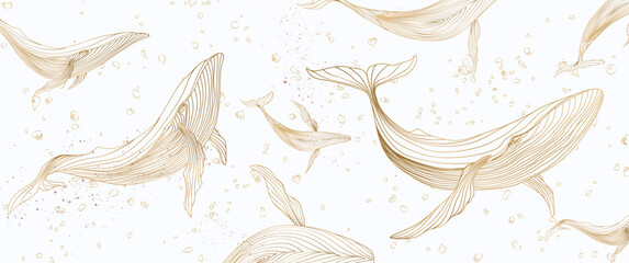 White background with whale pattern in gold line art style. Abstract animalistic hand drawn vector banner for decoration design, print, textile, wallpaper, fabric, interior. © VectorART