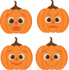 Halloween pumpkins set with different emotions. Happy, cute, surprised, angry pumpkins