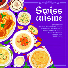 Swiss cuisine menu cover template. Potato with melted cheese, chicken baked in pastry and roast duck with oranges, chocolate mousse dessert, cheese soup and barley soup, coffee drink cup, beef rolls