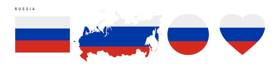Russia flag icon set. Russian pennant in official colors and proportions. Rectangular, map-shaped, circle and heart-shaped. Flat vector illustration isolated on white.