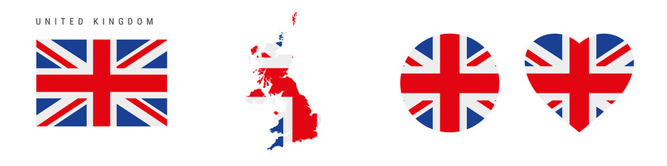 United Kingdom flag icon set. British pennant in official colors and proportions. Rectangular, map-shaped, circle and heart-shaped. Flat vector illustration isolated on white.