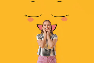 Happy young woman and drawn smile on yellow background