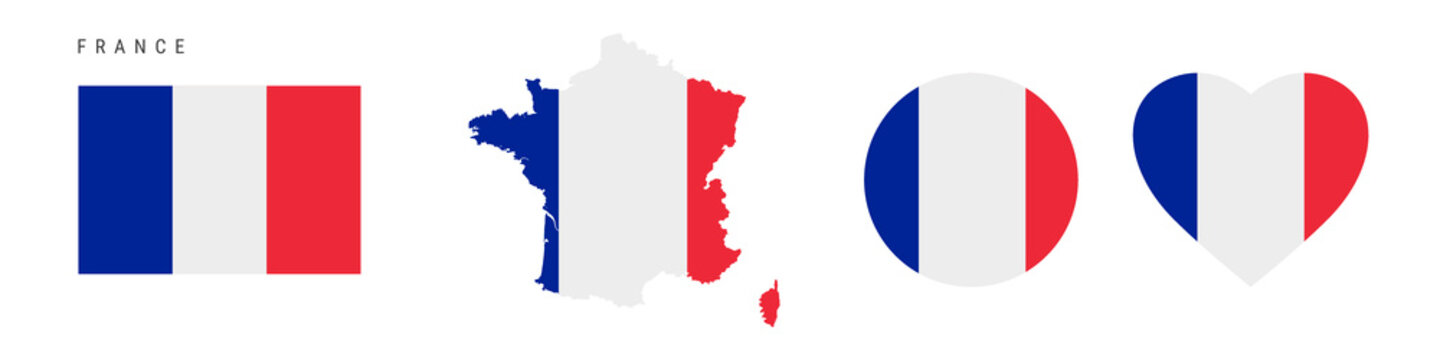 France flag icon set. French pennant in official colors and proportions. Rectangular, map-shaped, circle and heart-shaped. Flat vector illustration isolated on white.