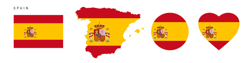 Spain flag icon set. Spanish pennant in official colors and proportions. Rectangular, map-shaped, circle and heart-shaped. Flat vector illustration isolated on white. - obrazy, fototapety, plakaty