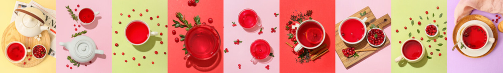 Collage of tasty lingonberry tea on color background, top view