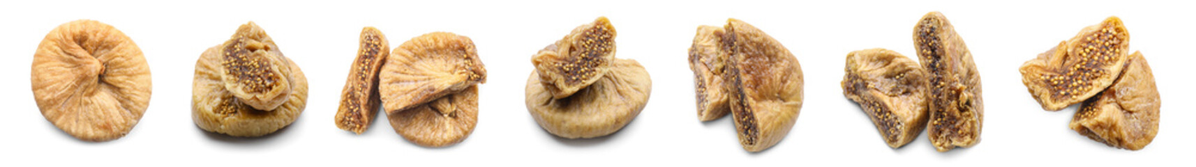 Collage of tasty dried figs on white background