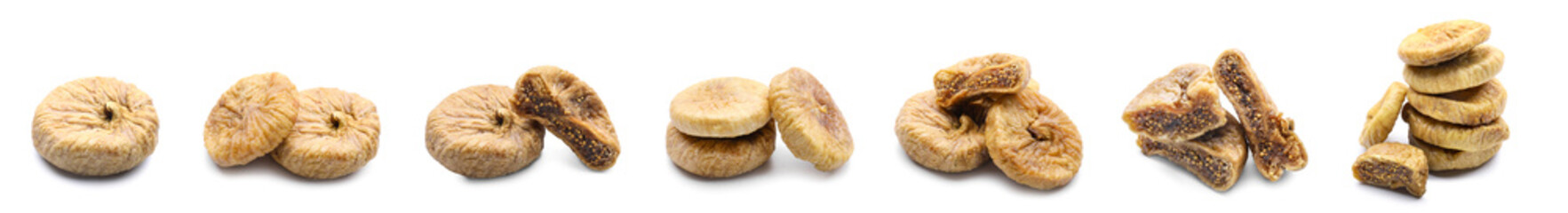 Set of tasty dried figs on white background