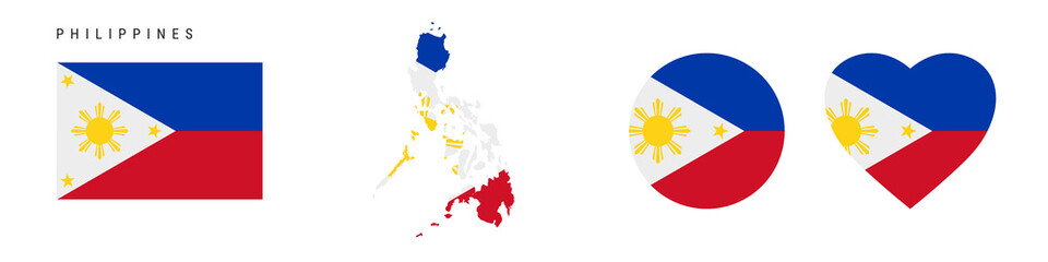 Philippines flag icon set. Philippine pennant in official colors and proportions. Rectangular, map-shaped, circle and heart-shaped. Flat vector illustration isolated on white.