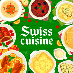 Swiss cuisine menu cover. Potato with melted cheese, beef rolls and cheese soup, chicken baked in pastry, barley soup and chocolate mousse dessert, roast duck with oranges, coffee drink beverage
