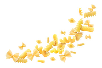 Different types of raw pasta isolated on white