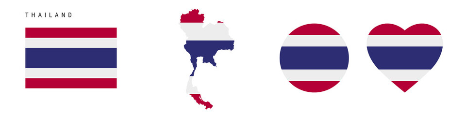 Thailand flag icon set. Thai pennant in official colors and proportions. Rectangular, map-shaped, circle and heart-shaped. Flat vector illustration isolated on white.