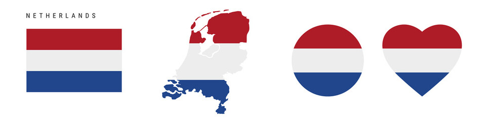 Netherlands flag icon set. Holland pennant in official colors and proportions. Rectangular, map-shaped, circle and heart-shaped. Flat vector illustration isolated on white.