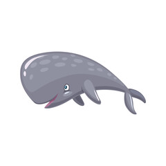 Cartoon cachalot or sperm whale character, sea and ocean water animal vector personage. Cute marine toothed whale with happy smile, funny tail and fins. Isolated underwater mammal, gray cachalot