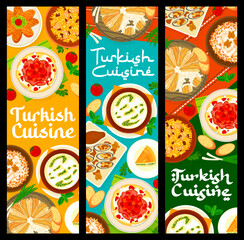 Turkish cuisine meals banners, traditional dishes and meals, vector lunch or dinner. Turkish cuisine food menu for spinach pie borek, almond pudding keksul, lamb meat ball kofte and chicken pilaf rice