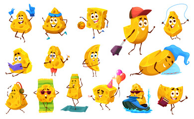 Fototapeta premium Cartoon cheese vector characters and personages. Yellow slices of dairy product show thumb up, celebrate birthday, ride waterbike, sleep and meditate. Travel, sport workout, relax on beach, education