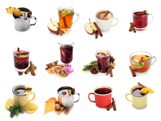 Set of delicious mulled wine isolated on white