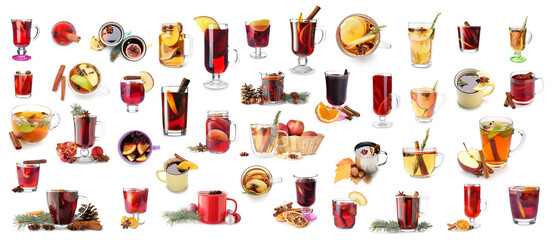 Set of delicious mulled wine isolated on white