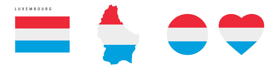 Luxembourg flag icon set. Luxembourgish pennant in official colors and proportions. Rectangular, map-shaped, circle and heart-shaped. Flat vector illustration isolated on white.
