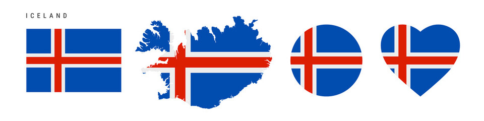 Iceland flag icon set. Icelandic pennant in official colors and proportions. Rectangular, map-shaped, circle and heart-shaped. Flat vector illustration isolated on white.