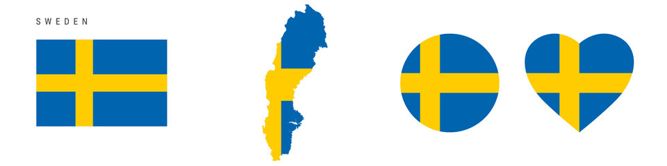 Sweden flag icon set. Swedish pennant in official colors and proportions. Rectangular, map-shaped, circle and heart-shaped. Flat vector illustration isolated on white.