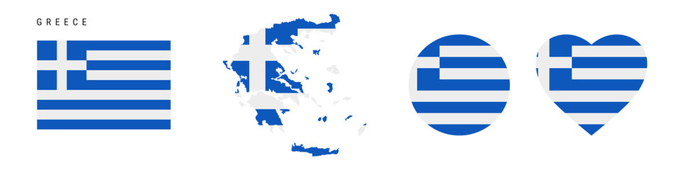 Greece flag icon set. Greek pennant in official colors and proportions. Rectangular, map-shaped, circle and heart-shaped. Flat vector illustration isolated on white.