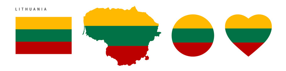 Lithuania flag icon set. Lithuanian pennant in official colors and proportions. Rectangular, map-shaped, circle and heart-shaped. Flat vector illustration isolated on white.