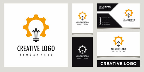 light bulb with gear logo design template with business card design.